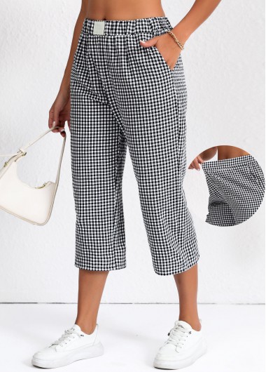 Lightweight Plaid Black Elastic Waist High Waisted Pants