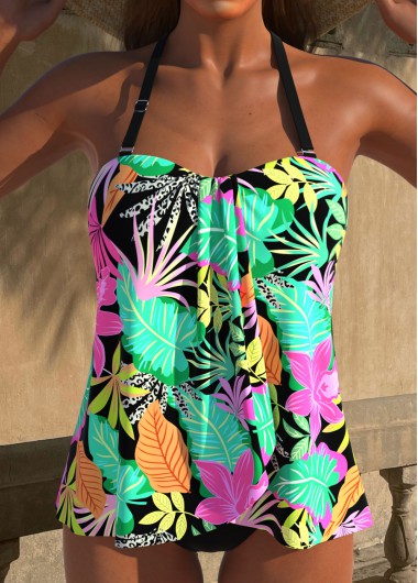 ROTITA Cross Hem Black Floral Print Tankini Set