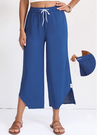 Button Denim Blue Elastic Waist High Waisted Pants