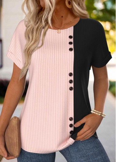 ROTITA Button Light Pink Round Neck Short Sleeve T Shirt
