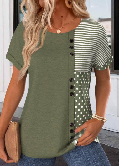 ROTITA Button Geometric Print Olive Green Round Neck T Shirt