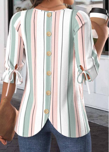 ROTITA Drawstring Striped White Round Neck Half Sleeve Blouse