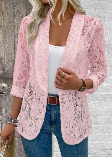 ROTITA Lace Pink Lapel Long Sleeve Cardigan