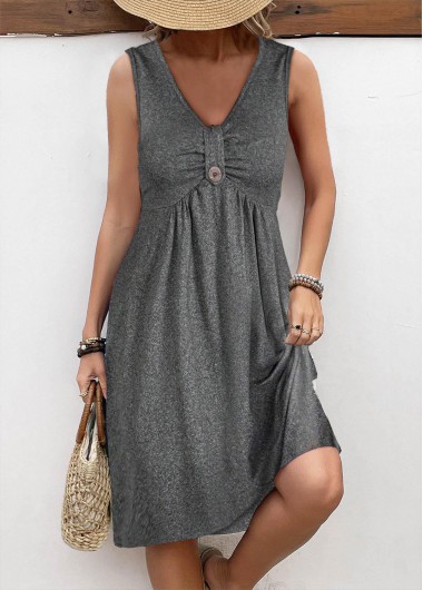 ROTITA Button Dark Grey Marl A Line V Neck Dress