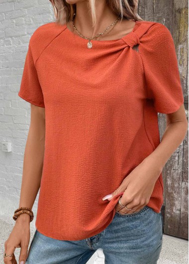 ROTITA Patchwork Orange Round Neck Short Sleeve T Shirt