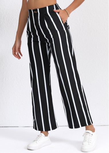 Button Striped Black High Waisted Pants