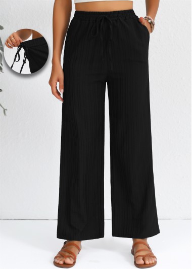 Drawstring Black Elastic Waist High Waisted Pants