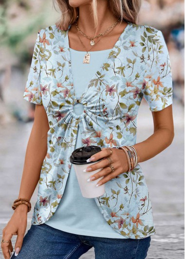 ROTITA Floral Print Light Blue T Shirt