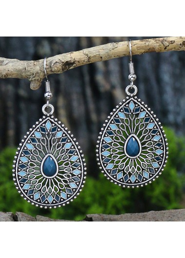 Peacock Blue Waterdrop Hollow Alloy Earrings