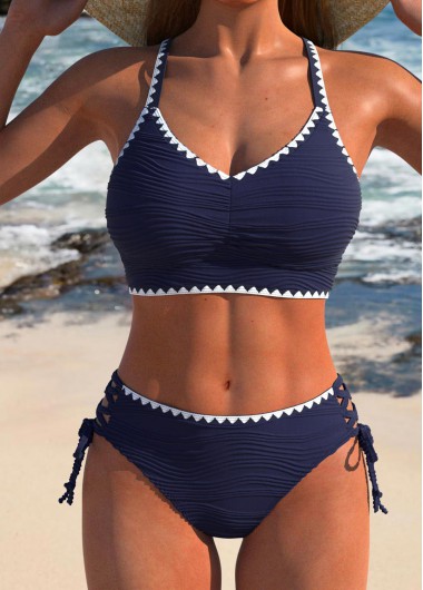 ROTITA Contrast Binding Lace Up Navy Bikini Set