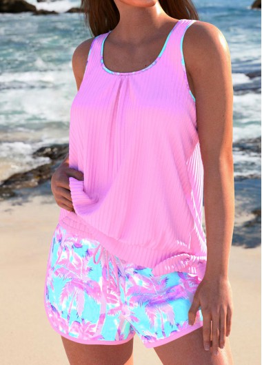 ROTITA Bowknot Pink Tropical Plants Print Tankini Set