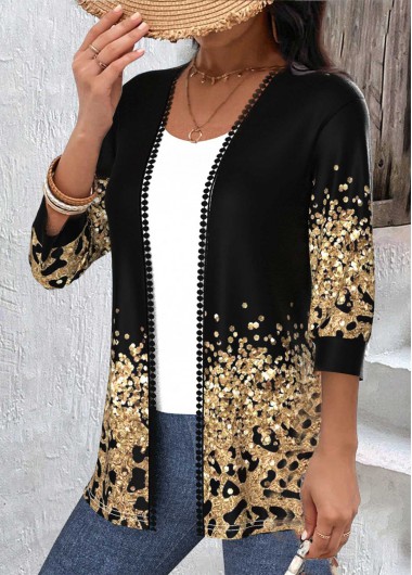 ROTITA Patchwork Leopard Black Round Neck 3/4 Sleeve Light Coat