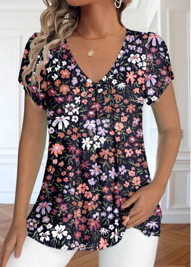 ROTITA Ruched Floral Print Navy V Neck T Shirt