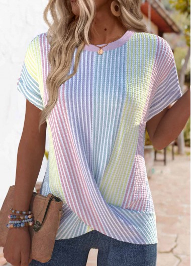 ROTITA Cross Hem Striped Multi Color Round Neck T Shirt
