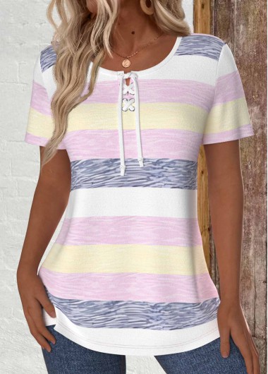 ROTITA Lace Up Striped Multi Color Short Sleeve T Shirt