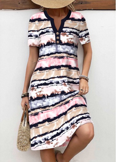 ROTITA Button Striped Multi Color A Line Split Neck Dress