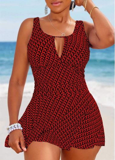 ROTITA Cut Out Red Geometric Print One Piece Swimdress