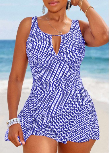 ROTITA Cut Out Royal Blue Geometric Print One Piece Swimdress