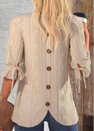 ROTITA Button Light Camel Round Neck 3/4 Sleeve Shirt