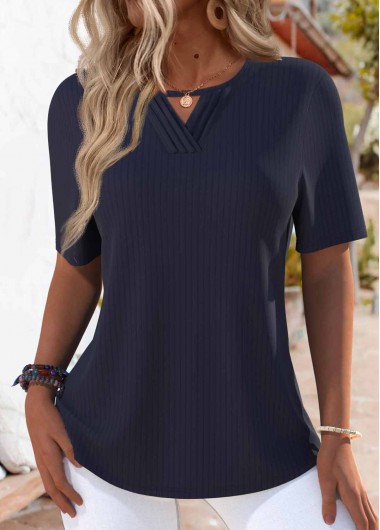 ROTITA Tuck Stitch Navy Round Neck Short Sleeve T Shirt