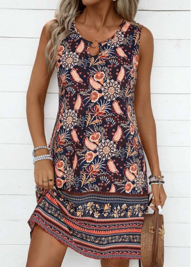 ROTITA Cut Out Plants Print Multi Color A Line Dress