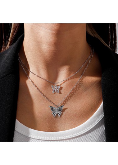 Layered Butterfly Silvery White Alloy Necklace
