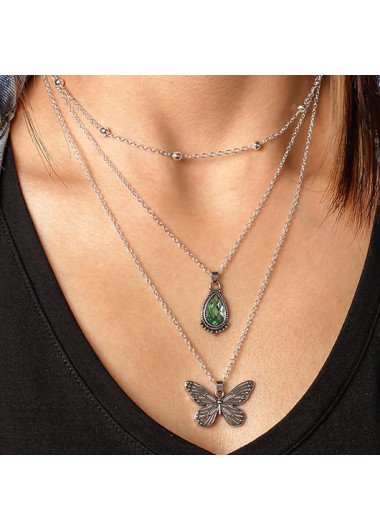 Layered Butterfly Silvery White Alloy Necklace