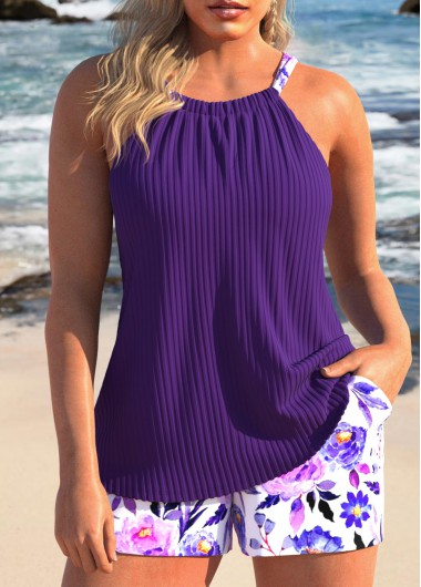 ROTITA Ruched Dark Purple Floral Print Tankini Set