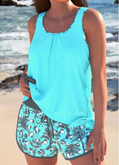 ROTITA Bowknot Cyan Tropical Plants Print Tankini Set