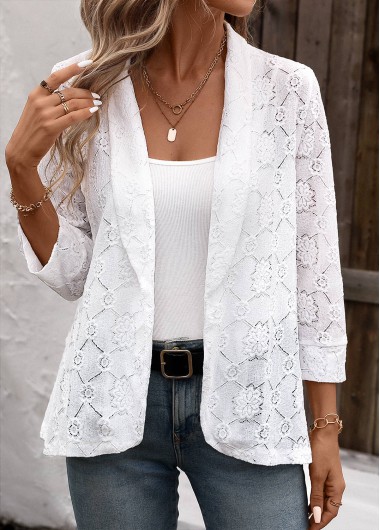 ROTITA Lace Embroidery White 3/4 Sleeve Light Cardigan
