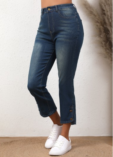 Button Denim Blue Regular High Waisted Jeans