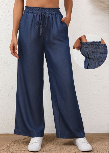 Drawstring Denim Blue Elastic Waist High Waisted Jeans