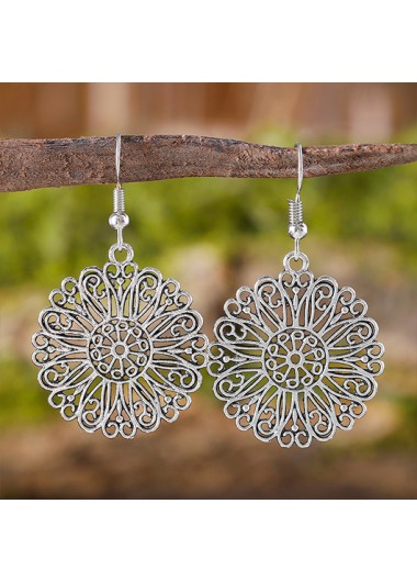 Round Hollow Silvery White Alloy Earrings