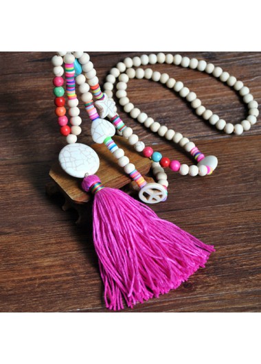 Neon Rose Red Beaded Tassel Necklace