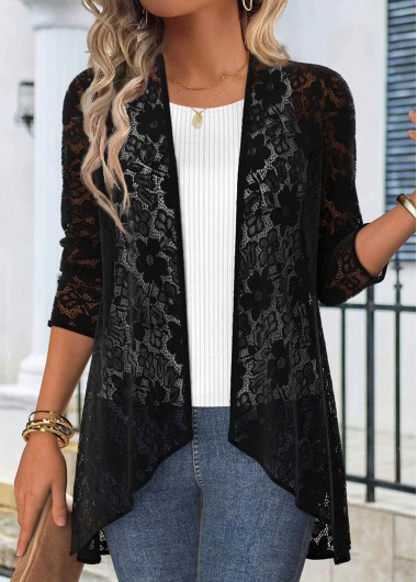 ROTITA Lace Black 3/4 Sleeve Light Coat