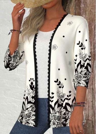 ROTITA Patchwork Floral Print Black 3/4 Sleeve Light Coat
