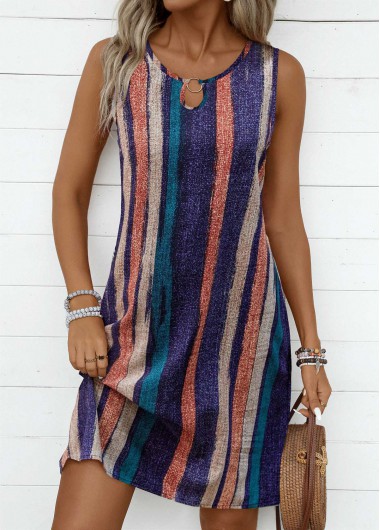 ROTITA Breathable Striped Multi Color A Line Round Neck Dress