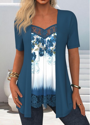 ROTITA Lace Floral Print Peacock Blue Fake Two Piece Twinset