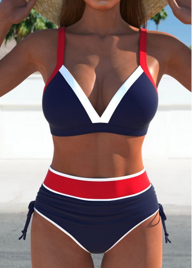ROTITA Contrast Binding Drawstring Navy Bikini Set