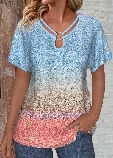 ROTITA Patchwork Ombre Blue Lace Up Collar T Shirt