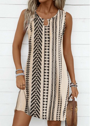 ROTITA Circular Ring Striped Light Camel A Line Sleeveless Dress