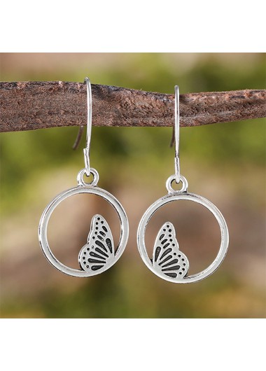 Round Butterfly Hollow Silver Alloy Earrings