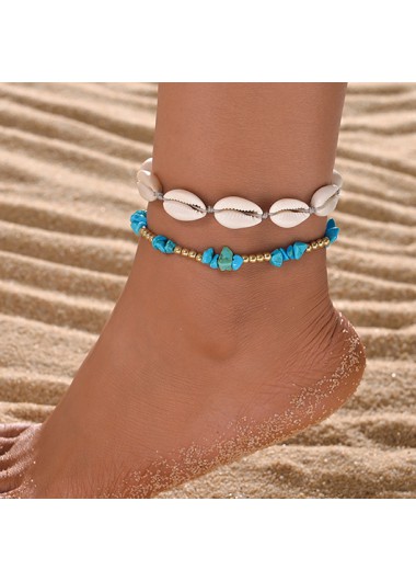 Shell Adjustable Asymmetric Neon Blue Anklets Set