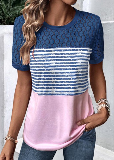 ROTITA Lace Striped Peacock Blue Round Neck T Shirt