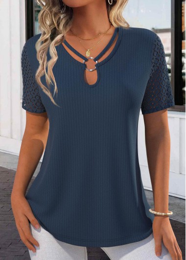 ROTITA Lace Navy Tie Collar Short Sleeve T Shirt