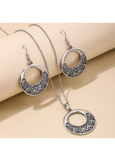 Round Silver Cutout Alloy Earrings and Necklace