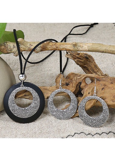 Round Silver Alloy Geometric Earrings and Necklace
