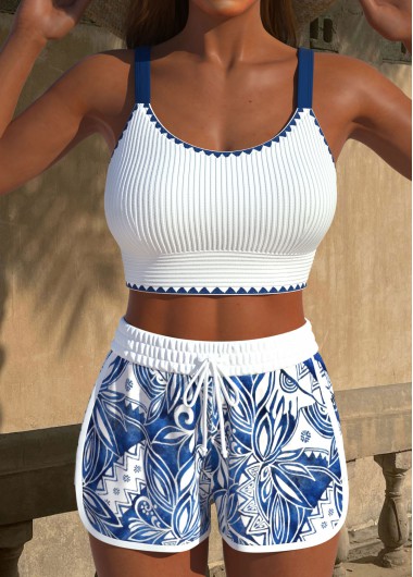 ROTITA Contrast Binding Blue Tribal Print Bikini Set