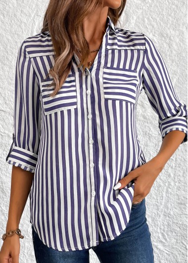 ROTITA Button Striped Navy 3/4 Sleeve Shirt
