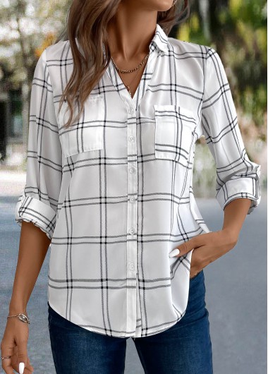 ROTITA Button Plaid White 3/4 Sleeve Shirt